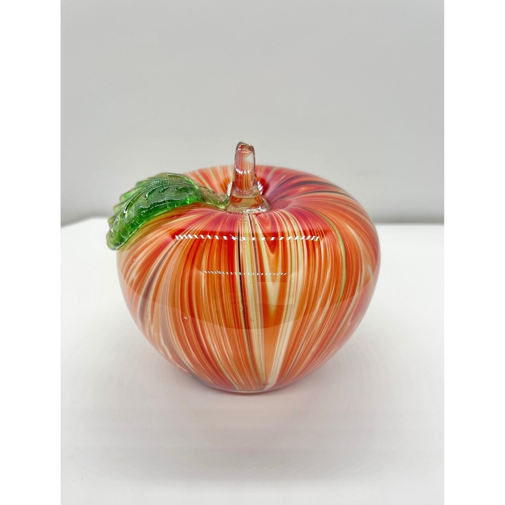 Hand Blown Glass Apple Paperweight Red Orange Swirl Art Glass Figurine 4 inch